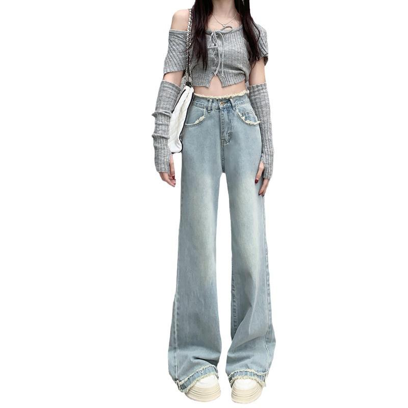 Retro High-Waist Light Blue Wide-Leg Jeans for Women - Autumn/Winter 2023