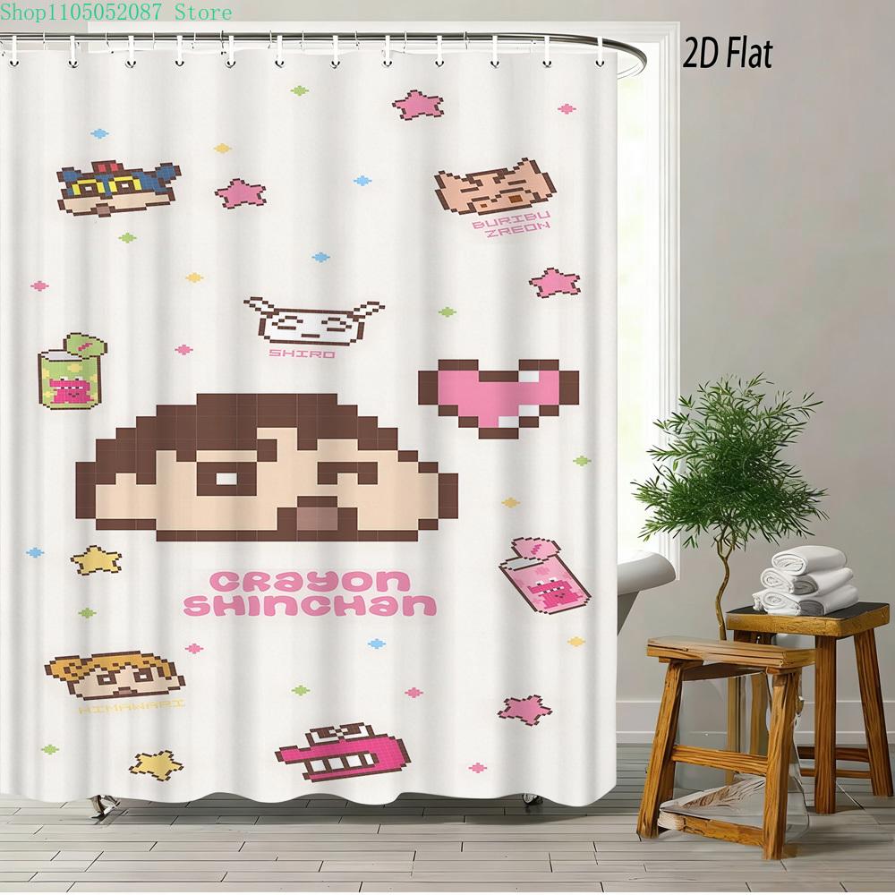 Crayon Shin-Chan Flame Ninja Z Themed 2D Print Waterproof Shower Curtain, Flying Shin-Chan With Family & Shiro Colorful Cityscap