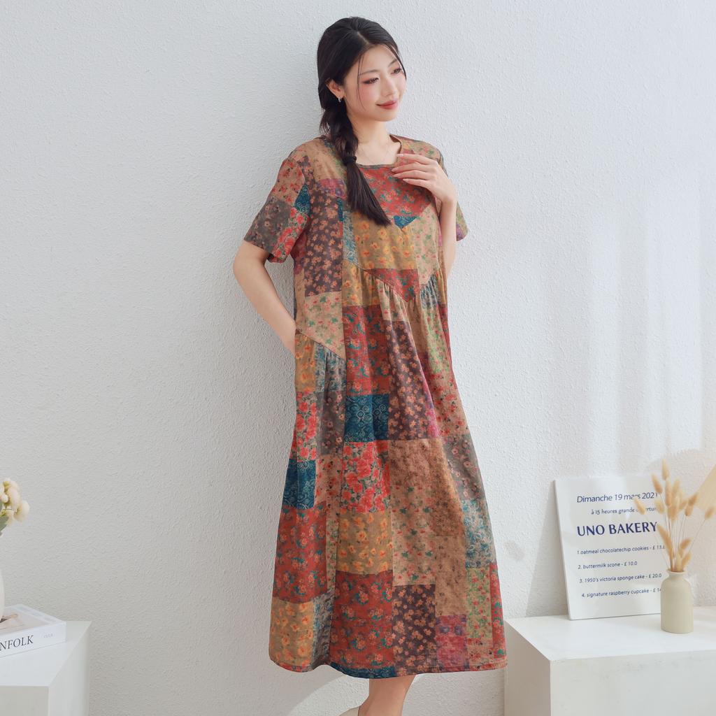 DIMANAF 2025 Women Plus Size Summer Dress Casual Floral Dress Basic Vintage Loose Long Dress Maxi