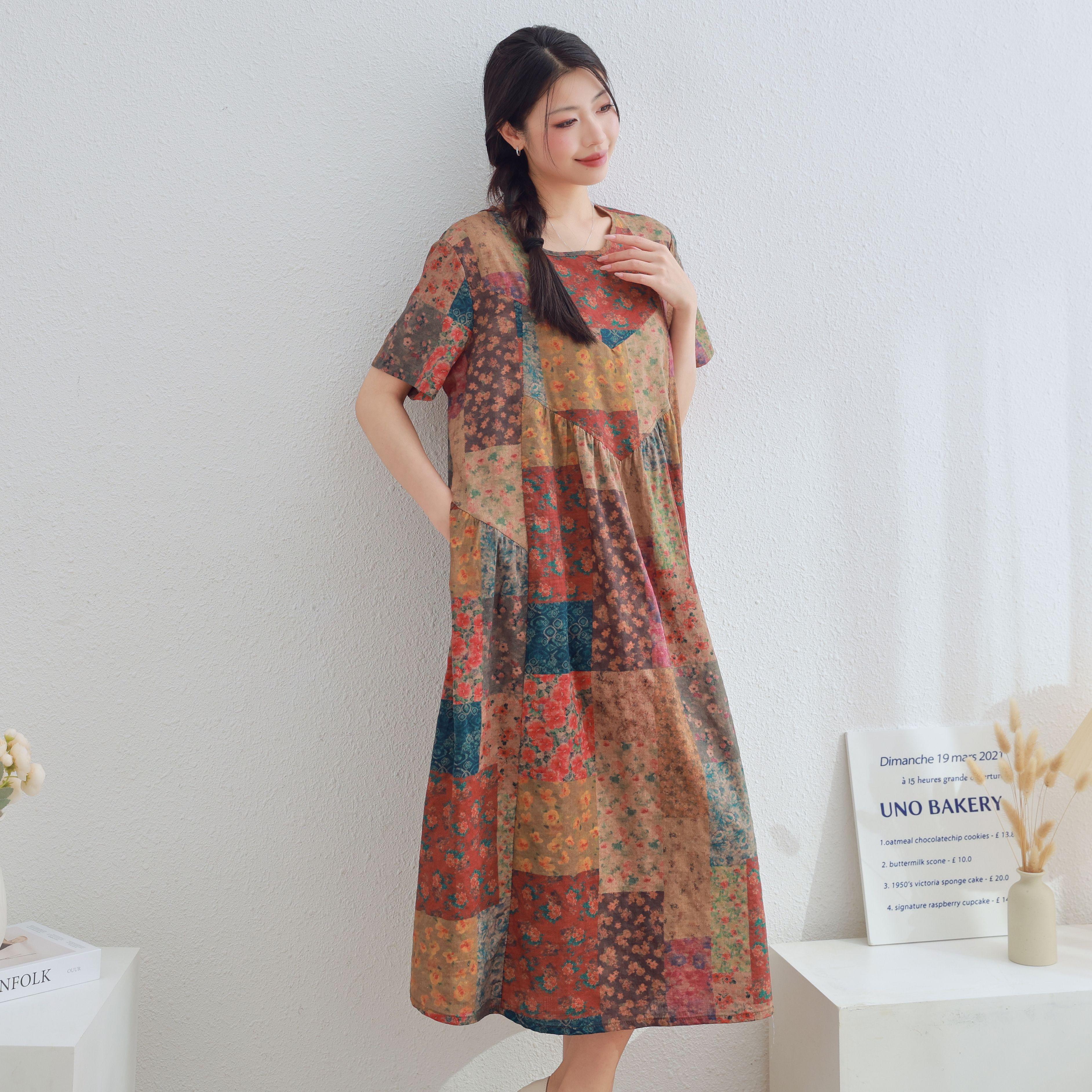 

DIMANAF 2025 Women Plus Size Summer Dress Casual Floral Dress Basic Vintage Loose Long Dress Maxi One Size коричневый