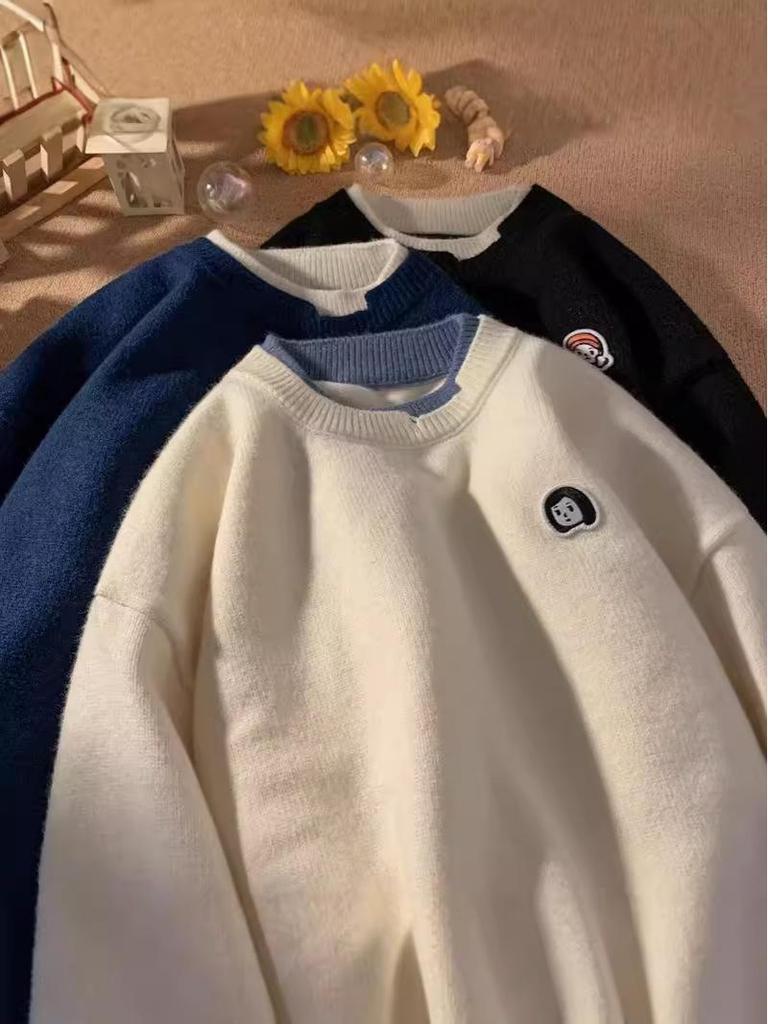 Men's Loose Fit Color Block Knit Sweater - Autumn/Winter Hong Kong Style with Round Neck, Couples Design