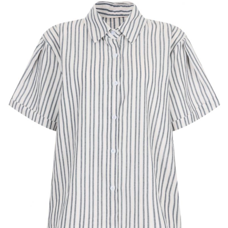 Shop Women S Collar Neck Stripe Short Sleeve blouSe Shirt Egg Wbl 20658 Sky