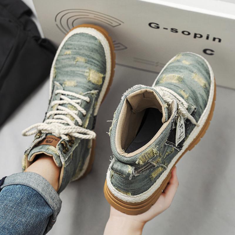 Spring Autumn Denim Canvas Men Boots 2024 Designer High Top Men Casual Shoes Outdoor Motorcycle Boots for Men Botas Masculino