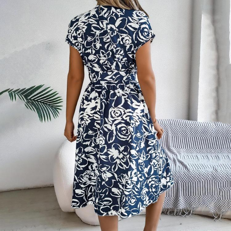 Women Summer V Neck Knee Length Pleated Print Belt Fashion Dress