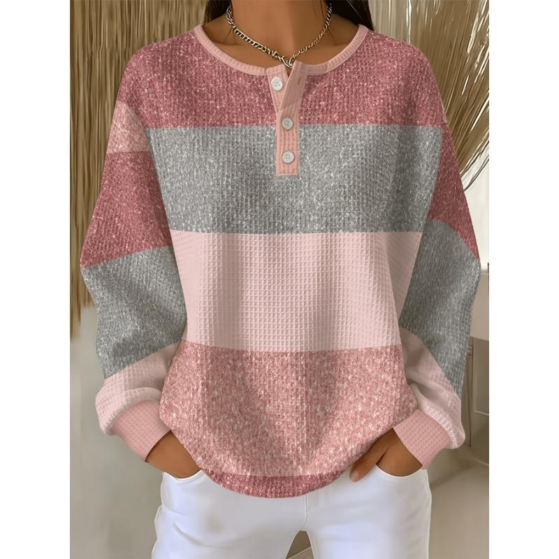 Printe Design – Not Texture Women's Waffle Long Sleeve Top, Henley Collar Half-Button Casual T-Shirt