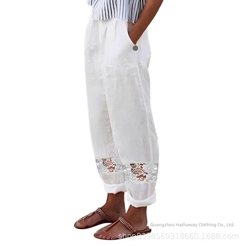 Women clothes European and American Spring and Summer Lace Stitching Button Elastic Waist Women Casual Pants White Hollow Pants Pants