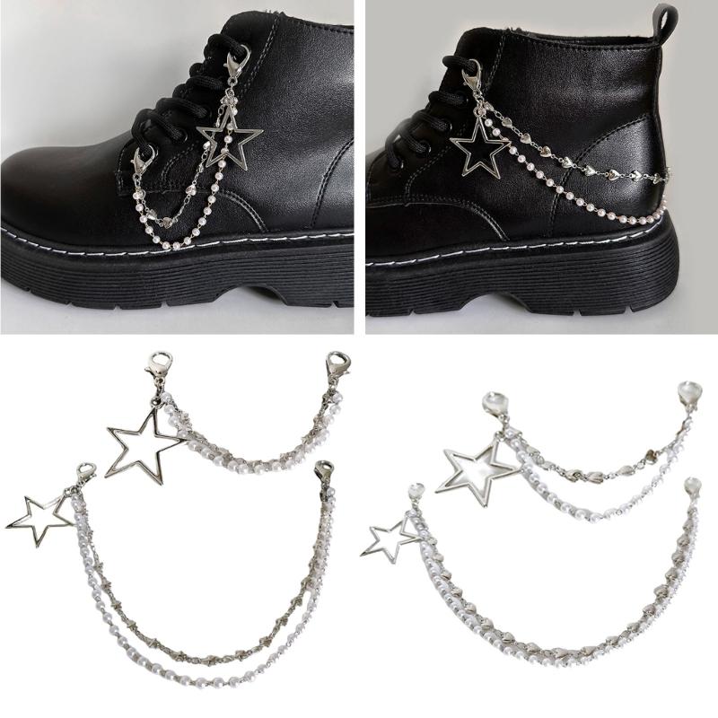 Doppellagige Schuhkette Canvas Schuhe Ketten Punk Stil Stern/Herz Perlen Schuhschnallen Schmuck Trendy Y2k Accessoires