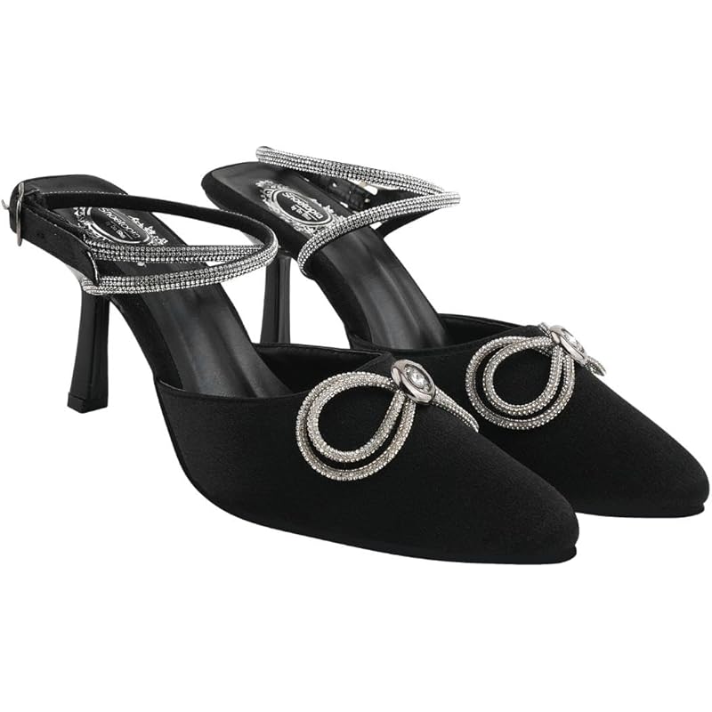 Women'S Black Satin High Heel Sandals Pointed Toe Party Heels With Rhinestone Bow & Ankle Strap  Elegant Stilettos For W