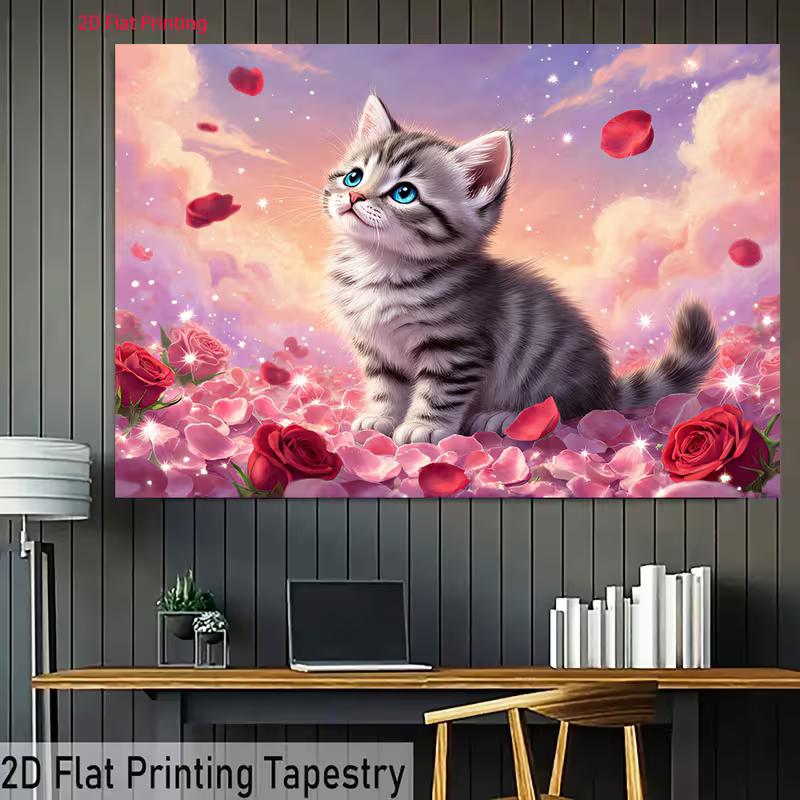 2D Dreamy Cat Tapestry, Adorable Kitten Surrounded by Red Roses and Sparkles Wall Decor