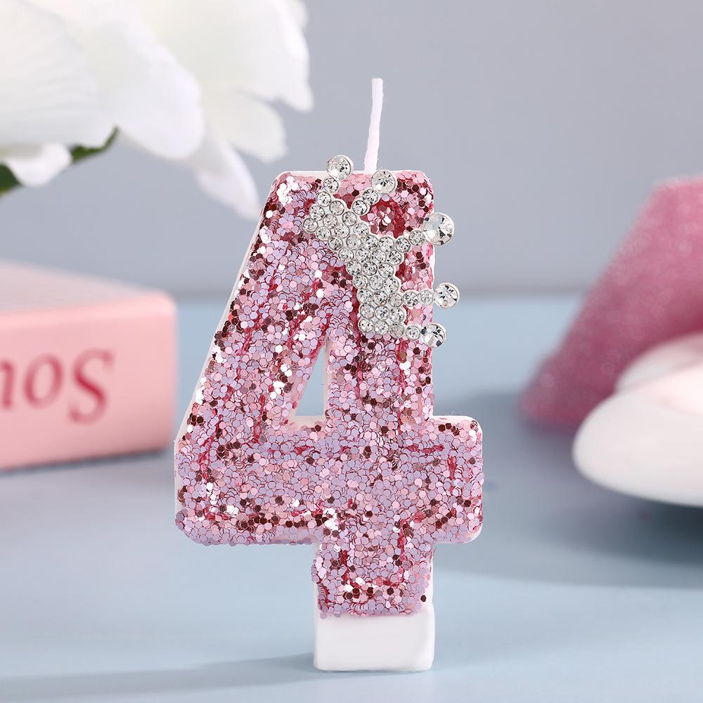 High-End Pink Glitter Crown Number Candle for First Birthday Cake Decoration