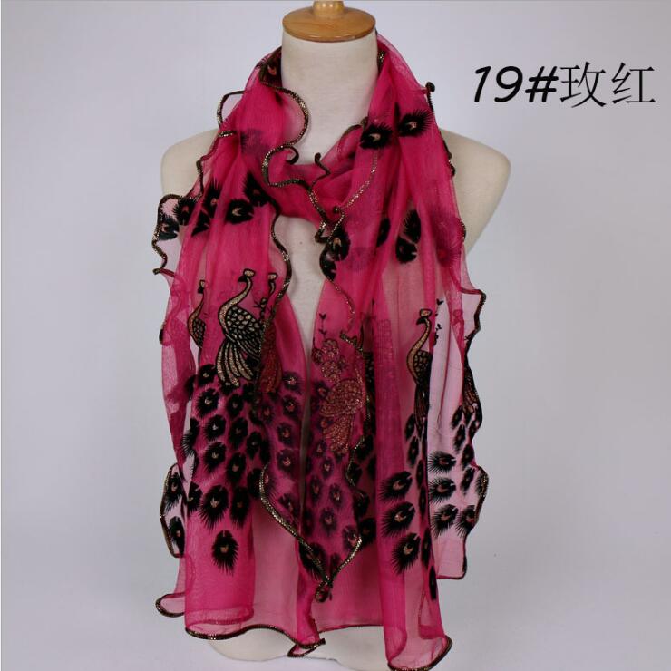 Women Chiffon Neck Scarf Flower Peacock Embroidered Lace Scarf Femmes Silk Long Soft Elegant Shawl New Spring Muffler Scarves