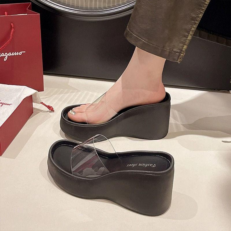 Popular Thick-bottomed Cool Slippers Women's 2025 Summer New Fashion Slope Heel Transparent Foreign Style Versatile Super Fairy One-word Drag