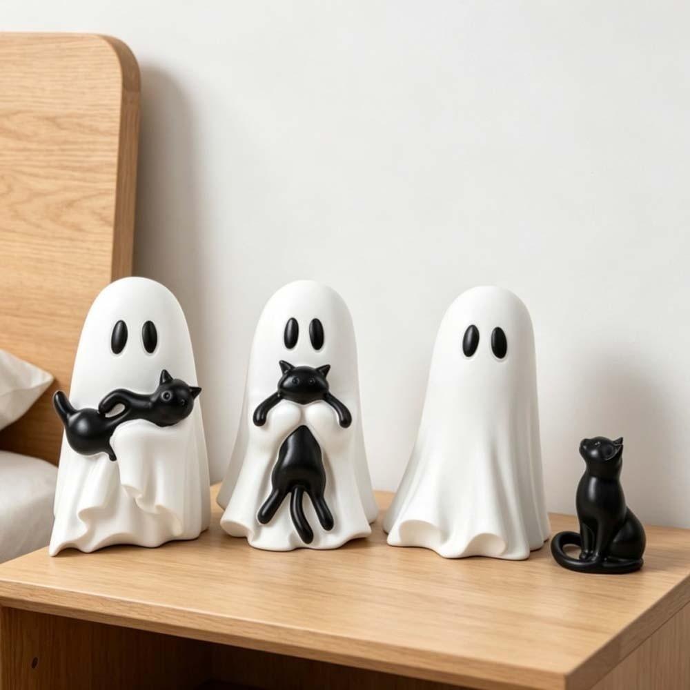 Cute Style Spooky Ghost Statue Smooth Surface Halloween Table Decor Ghost Cat Ornament Office Desk