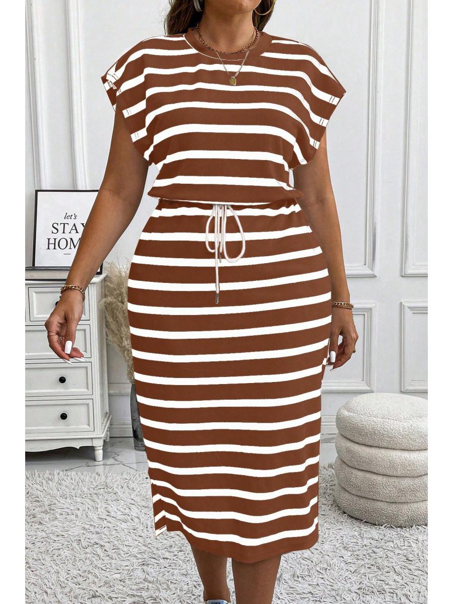 

Європейська та американська жіноча сукня з круглим вирізом, смугаста, з зав язкою на талії 2XL