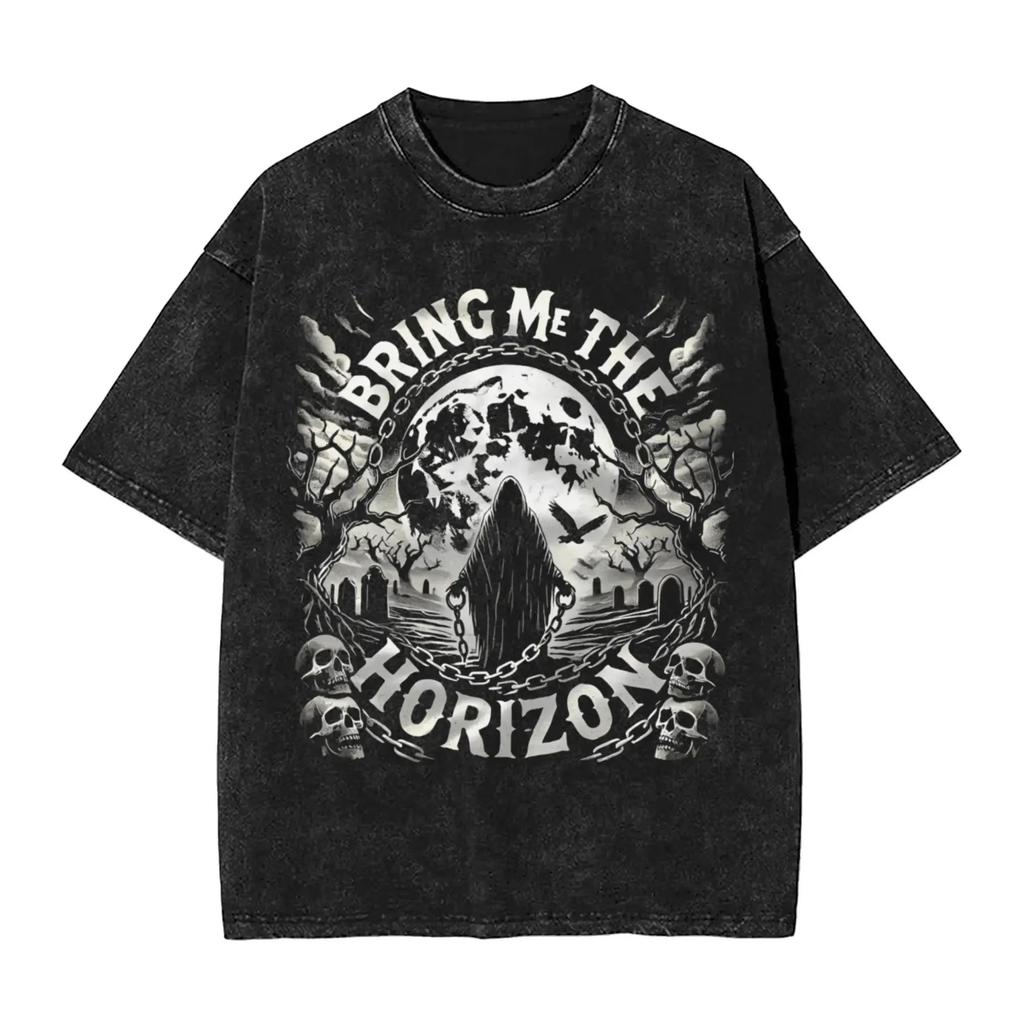 Camisetas de ROCK Band Bring Me The Horizon para Fans BMTH Lavadas Vintage Tops Novedad Camiseta de Verano Británica Algodón Holgado Vintage
