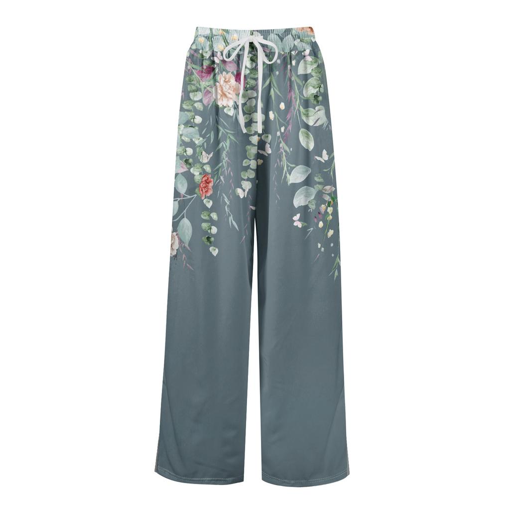 Damen Sommer Boho Palazzo Hose Hohe Taille Weites Bein Blumendruck Freizeithose Mit Taschen
