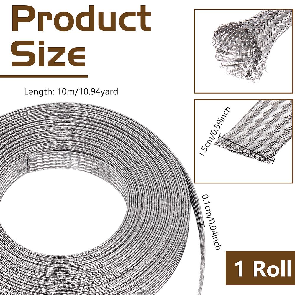 304 Edelstahl Flach verzinnt Geflochtenes Drahtgeflecht Flexibles Abschirmungs-Erdungsdrahtgeflecht Anlaufgeschützt Edelstahlfarbe 15x1mm ca. 32,81 Fuß(10m)/Rolle
