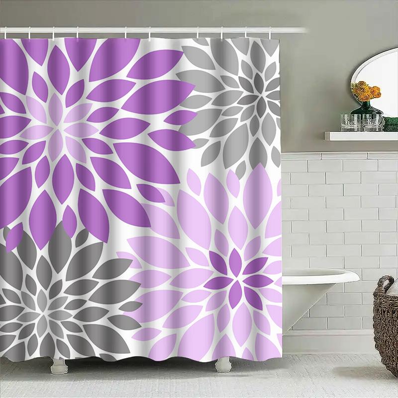 Luxury Floral Shower Curtain Set, Purple Gray, Waterproof Fabric With Hook Rings For Bathtub Decoration Home Bathroom Accessorie
