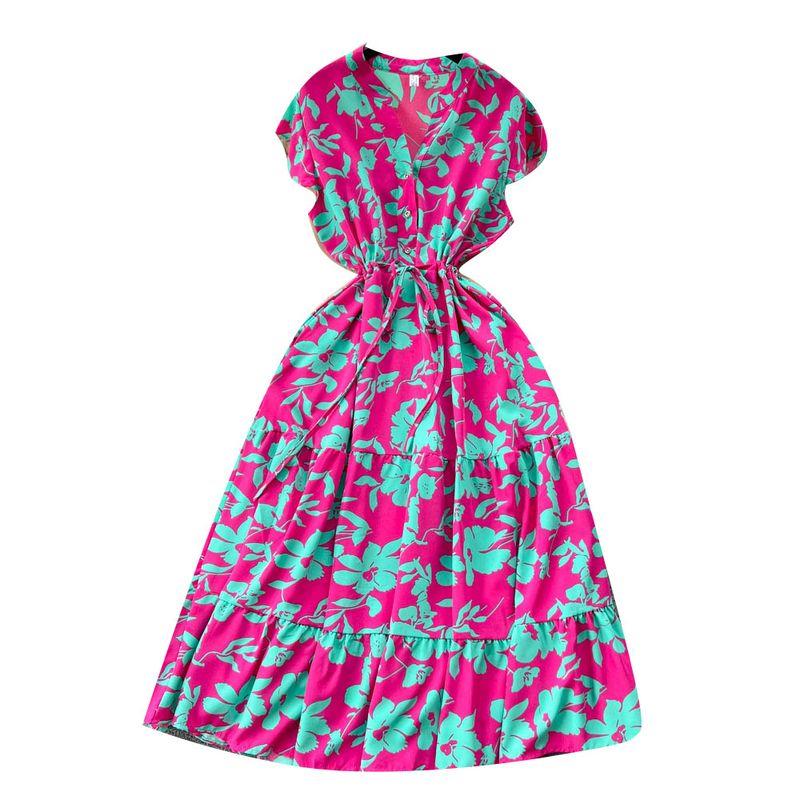 French Sweet Gentle V-neck Floral Chiffon Dress Women's Summer Tight Waist Elegant Slim Looking Vacation Style Fairy Dress