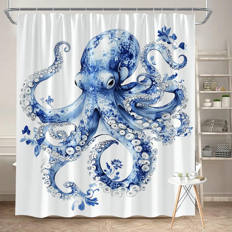 Octopus Shower Curtain Blue and White Porcelain Design, Artistic Ocean Creature Bath Curtain for Modern Bathroom Decor