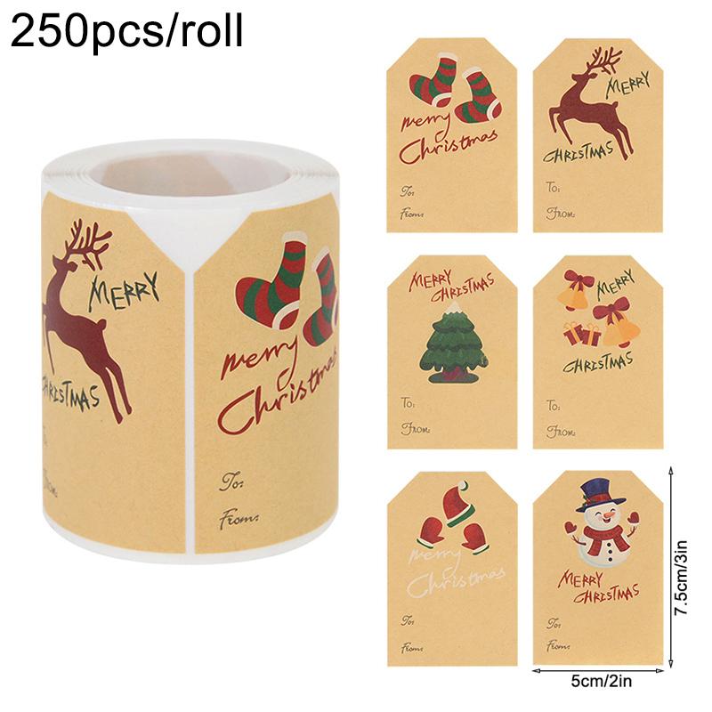 250pcs/roll Merry Christmas Stickers Santa Snowman Gift Tags Paper Seal Label DIY Scrapbooking Crafts 2025 New Year Party Decor