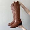Vintage Totem Print Side Zip Pu Riding Boots Women Medium Heel Western Boots Women 2025 Winter Sexy Knee High Shoes