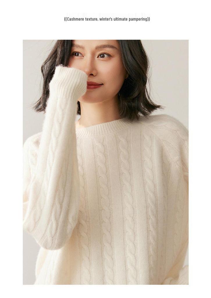 2025 Autumn/Winter Women's Loose Cashmere Cable Knit Sweater - Short, Round Neck, Casual Base Layer