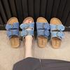Foreign trade large size flat-bottomed cool slippers for women 2025 summer new European and American retro denim thick-bottomed cool slippers for wom