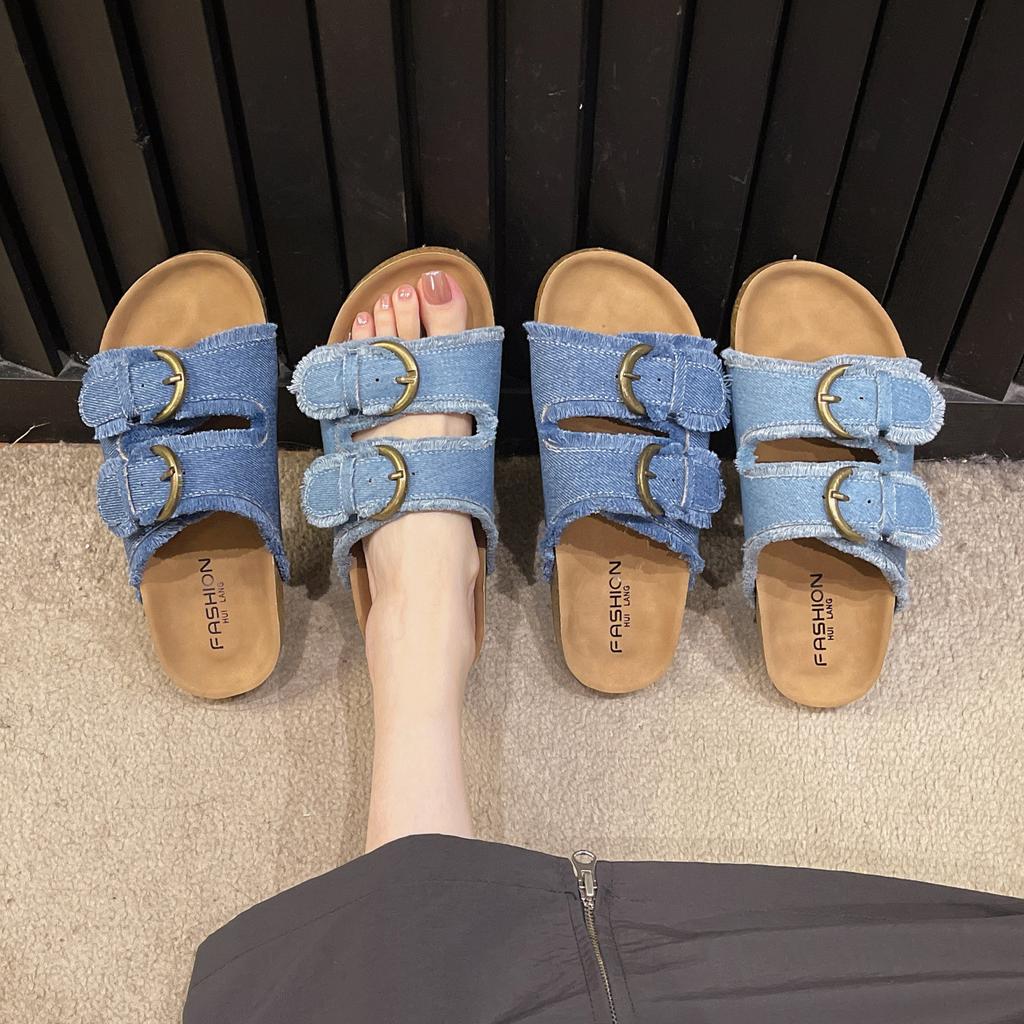 Foreign trade large size flat-bottomed cool slippers for women 2025 summer new European and American retro denim thick-bottomed cool slippers for wom