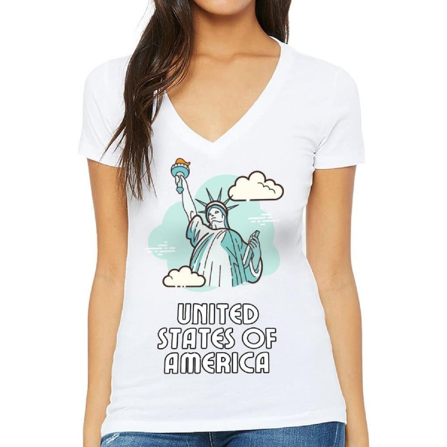 USA Print Women s V-Neck T-Shirt - Statue of Liberty V-Neck Tee - Printed T-Shirt S