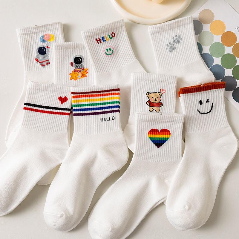 10 Paar Sommersocken für Damen, süße weiße kurze Socken mit japanischem Studenten-Cartoon-Aufdruck
