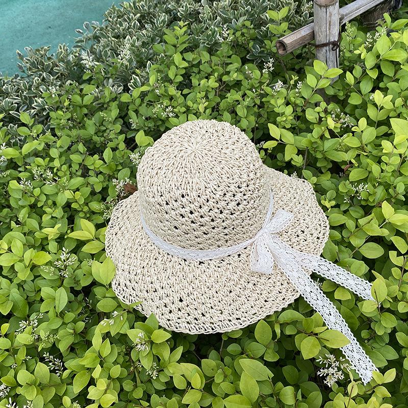 Hat Style Versatile Straw Woven Sweet Lace Bow Womens Hatscaps Sunshade