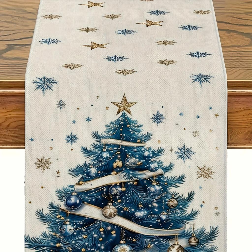 Linen Table Runner for Christmas Xmas Party Decor with Snowflakes Xmas Balls Winter Dining Navidad Decorations