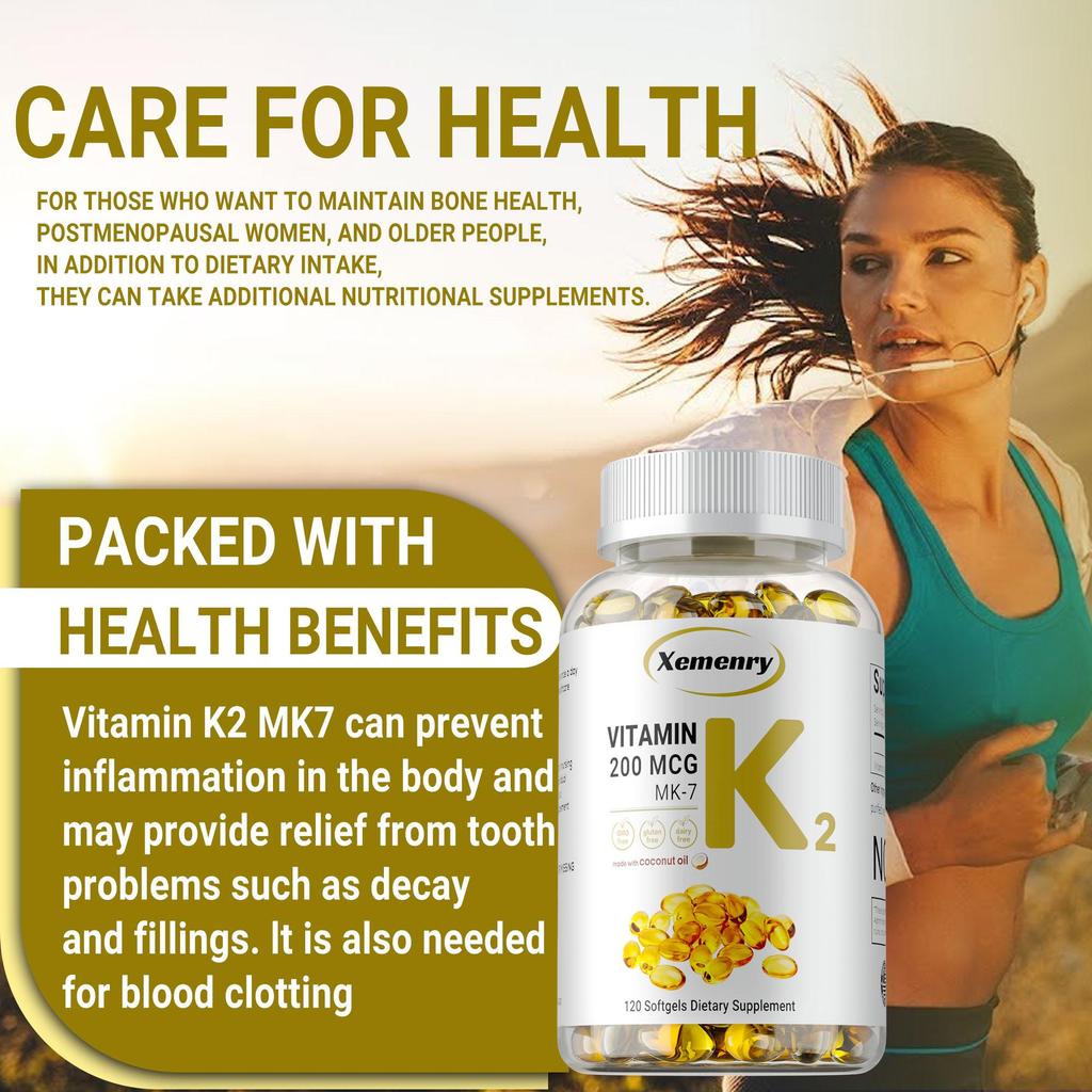 Vitamin K2 200 MCG with MK-7 for Bone and Arterial Health, Brain Health, Cardiovascular Health, Calcium Absorption