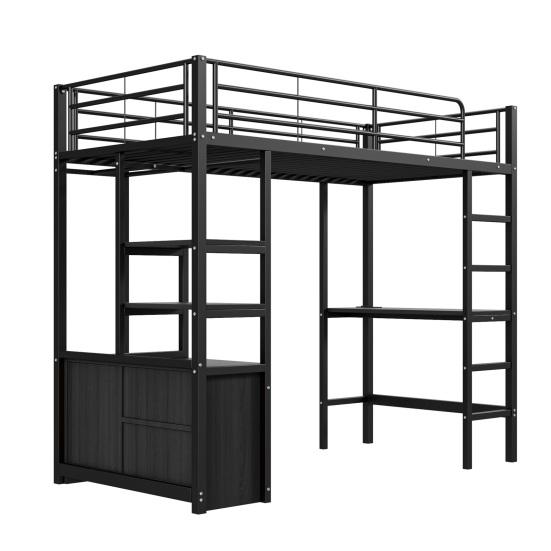 Metal Bed Loft Bed 90x200cm No Mattress with Desk Socket And USB Children Multiple Shelves Open Storage Cabinet Railing Ladder Iron