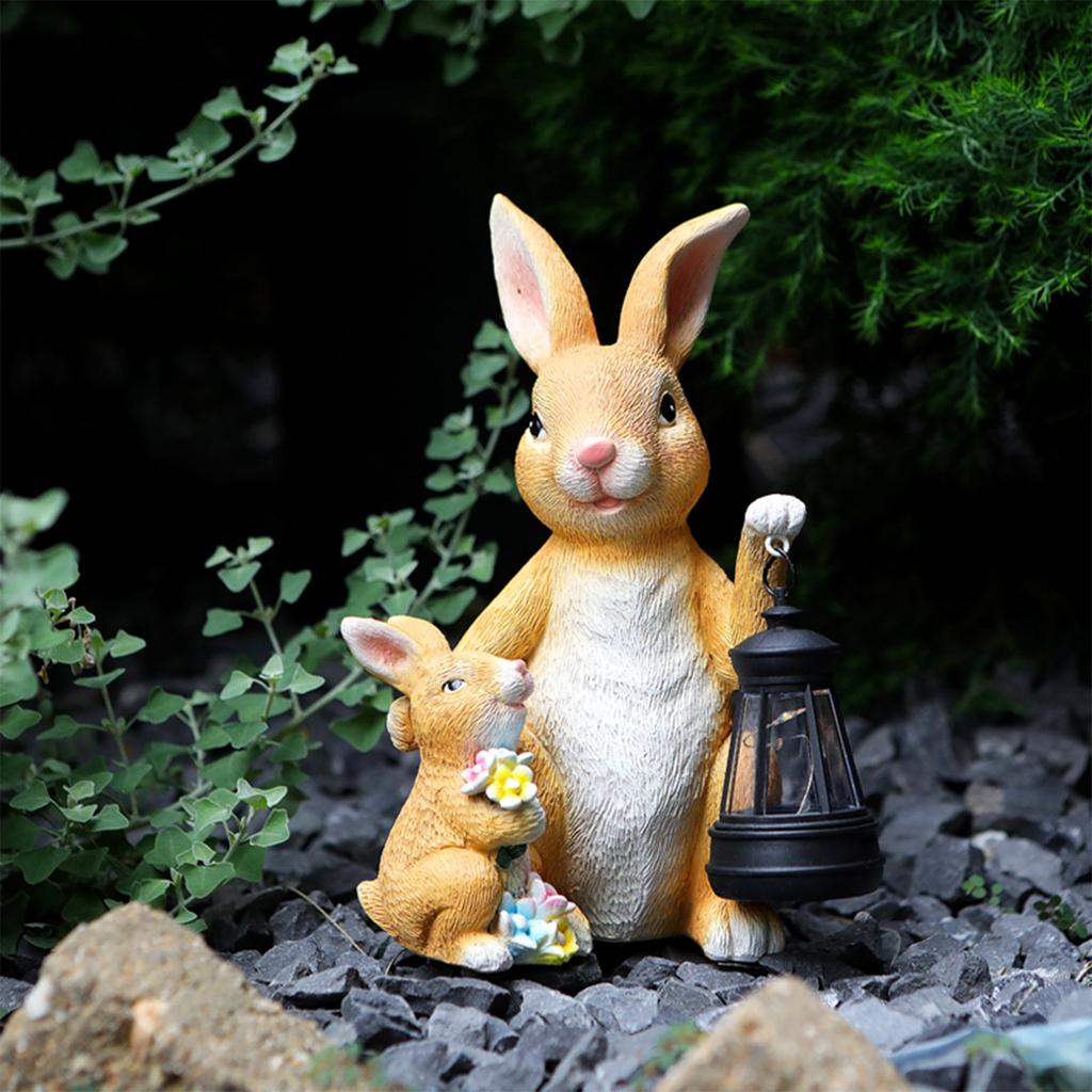 Resin Rabbit Garden Ornament with Solar Light Cute Rabbit Animal Ornament for Backyard Pond Patio Porch Outside Decorations