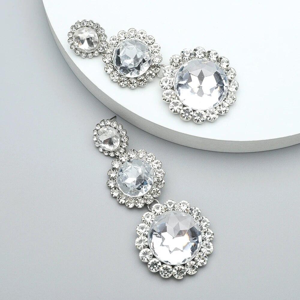 Teardrop Fashion Round Crystal Glass Long Dangle Drop Earrings Luxury Design Vintage Unusual Dainty Earring Pendant Jewelry Gift