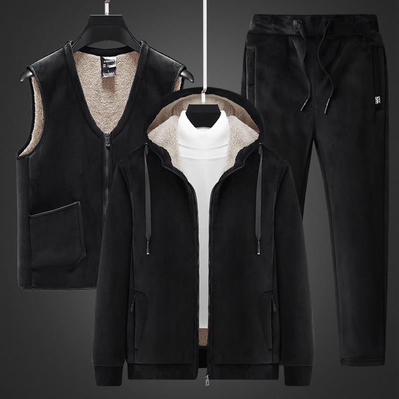 

Флисовый свитер, мужской костюм ягненка, осенне-зимний комплект с капюшоном для отдыха среднего возраста, комплект из трех предметов L