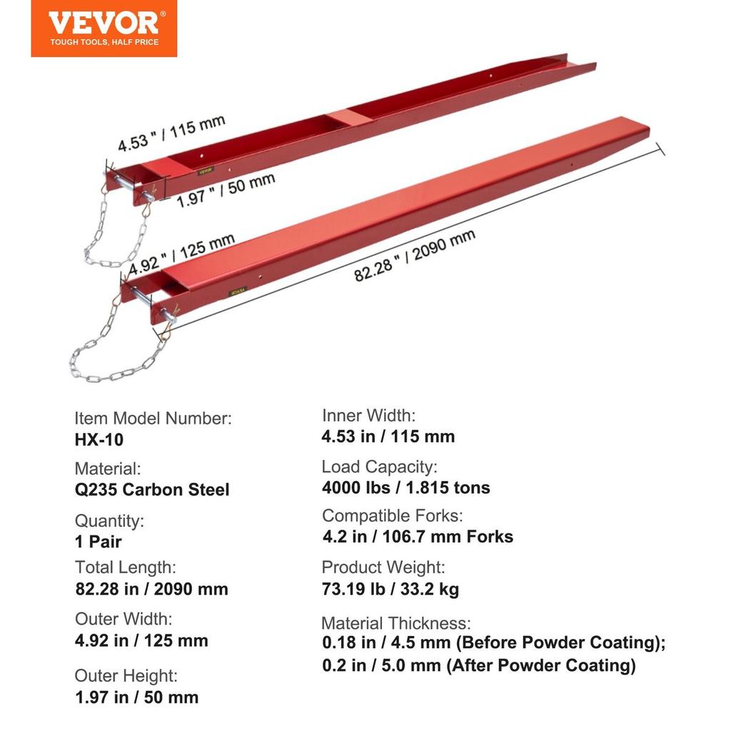 Pallet Fork Extensions, 82" Length 4.5" Width, Heavy Duty Carbon Steel Fork Extensions for Forklifts, 1 Pair Forklift Extensions with Pins, Forklift