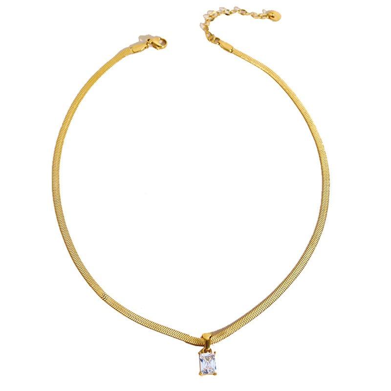 Gold Plated Stainless Steel Herringbone Chain Necklace with Pink Square CZ Pendant