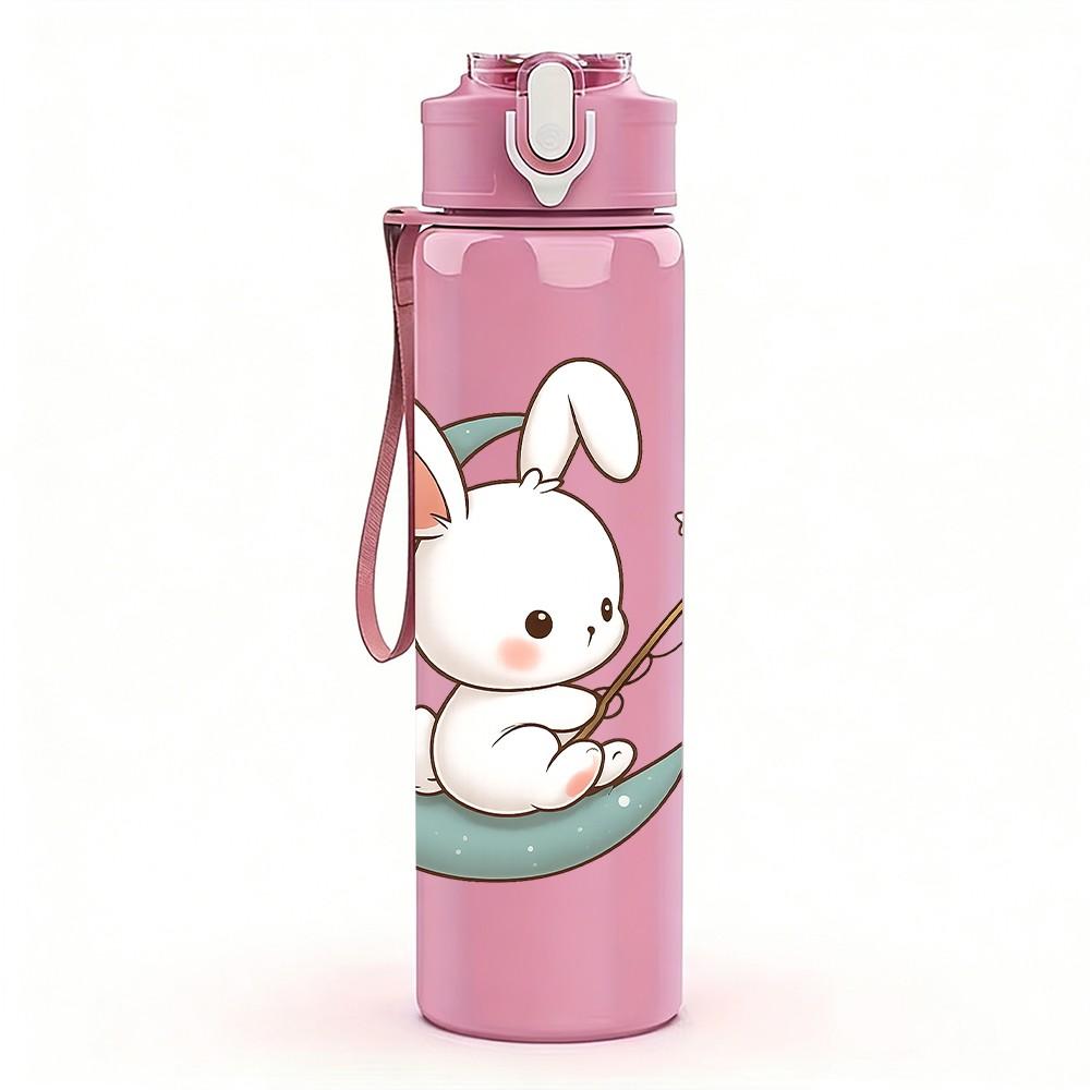 1PC Moon Bunny Rabbit Cartoon 750ml Color Plastic Sports Water Bottle Leakproof Flip Straw Lid Suitable for Sports Office Home Use
