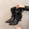 Woman Knight Boots Vintage Rivet Hottie Shoes 2026 Autumn Ladies Elegant Pointed Toe Thick Heel Western Cowboy Botas Para Mujer