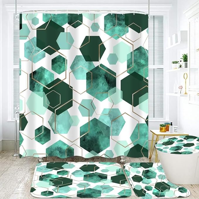 

4Pcs Sky Blue & Navy Blue Geometric Abstract Art Shower Curtain Set With 12 Hooks Bath Mat And Rug For Bathroom Decor 3pc Mat No Curtain