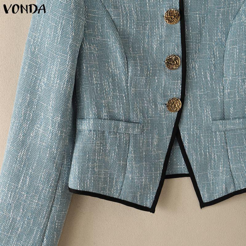 VONDA Women Elegant Long Sleeve O Neck Contrast Trim Peplum Blazer Cardigan