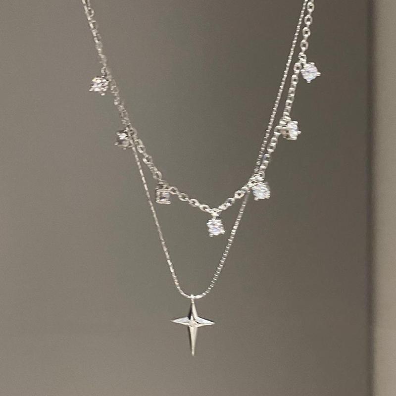 Women  Zircon Cross Pendant Necklace For Women Girl Double Layer Clavicle Chain Necklace Punk Party Jewelry