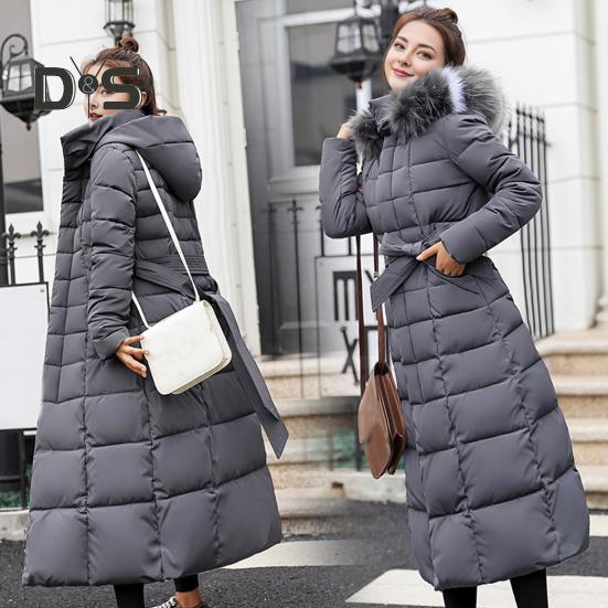 Winter Women Cotton Jacket Detachable Hood Neck Protection Long Sleeves Pockets Knee Length Zipper Closure Padded Coat Solid Color Windproof Outwear