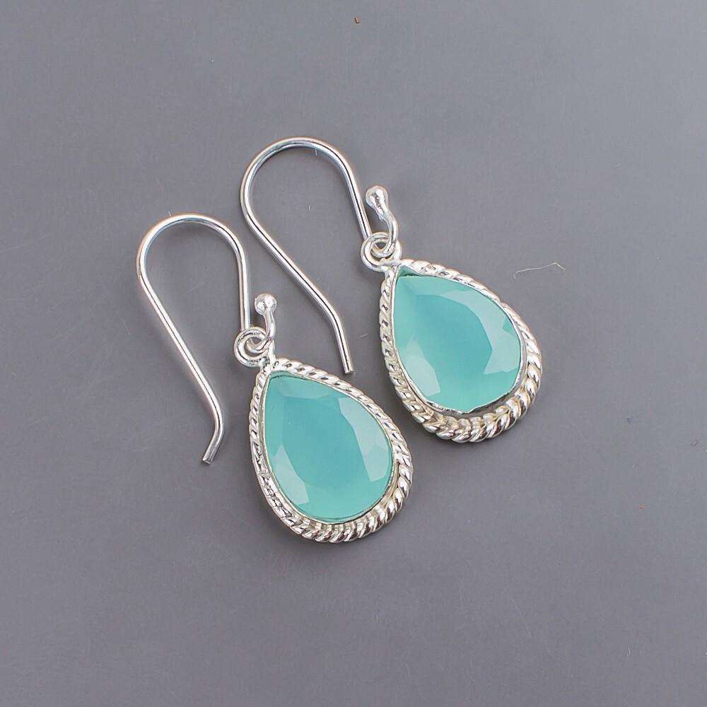 Aqua Chalcedony Gemstone 925 Sterling Silver Handcrafted Jewelry Earrings 1.40" EE-9-17