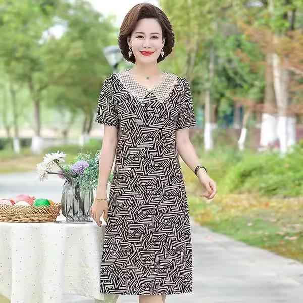 

Платье средней длины с принтом из искусственного шелка Ice Silk на лето 2024 года — элегантный дизайн из шелка Mulberry для женщин среднего и пожилого возраста 3XL чёрный