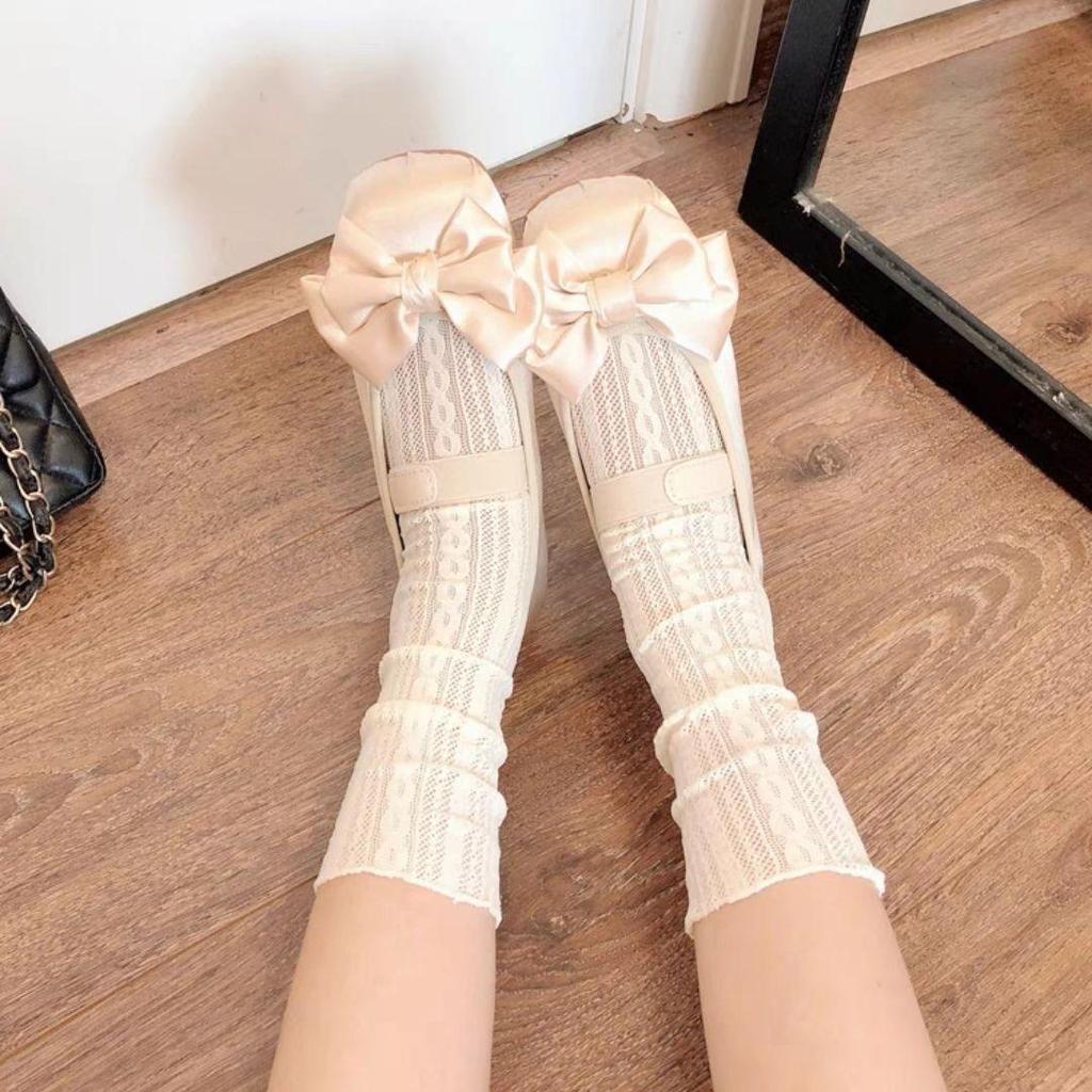 Women's White Lace Scrunch Mid-Calf Summer Socks - Mesh, JK Style, Ideal for Mary Jane Shoes