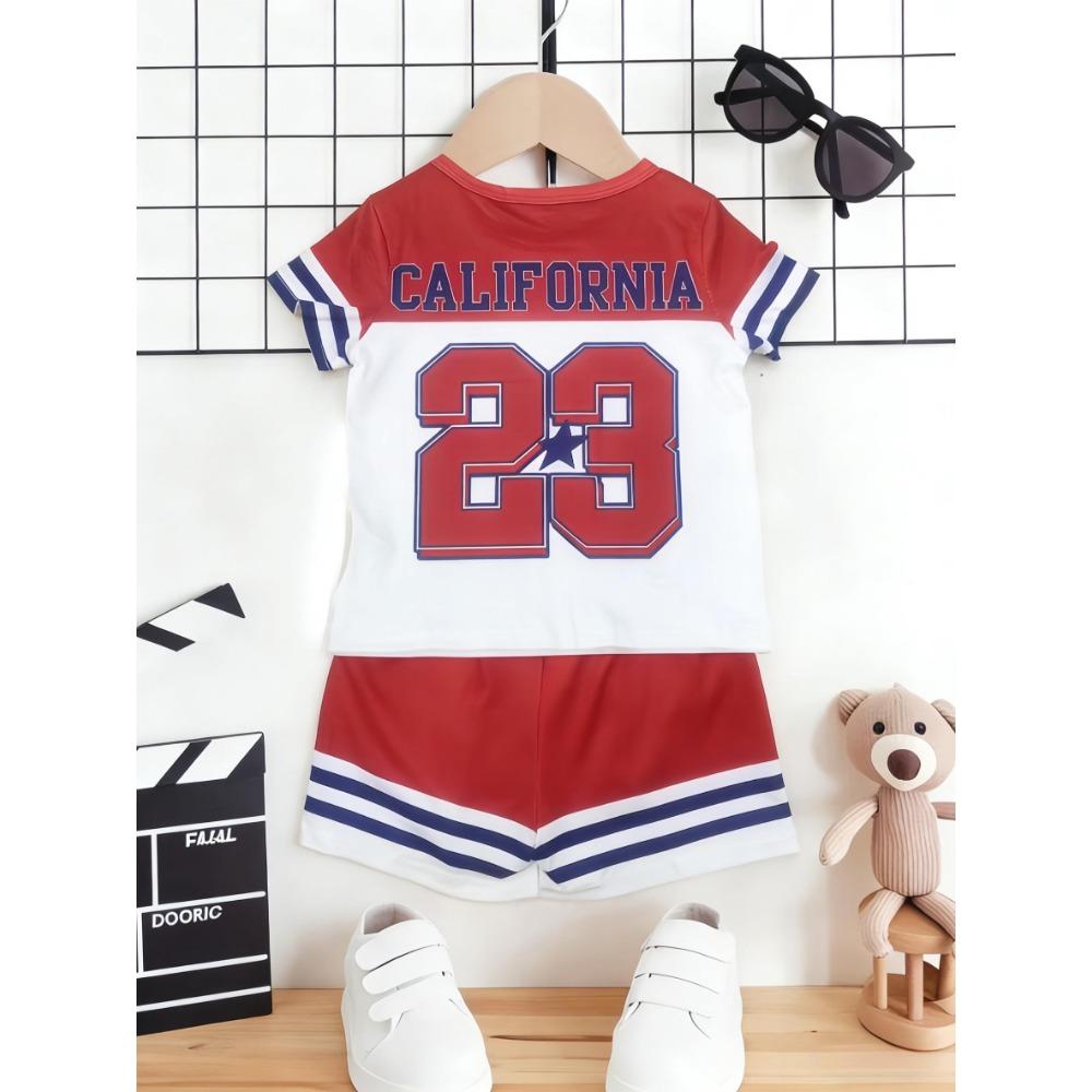 

Summer boy retro printed short sleeved striped shorts set 140